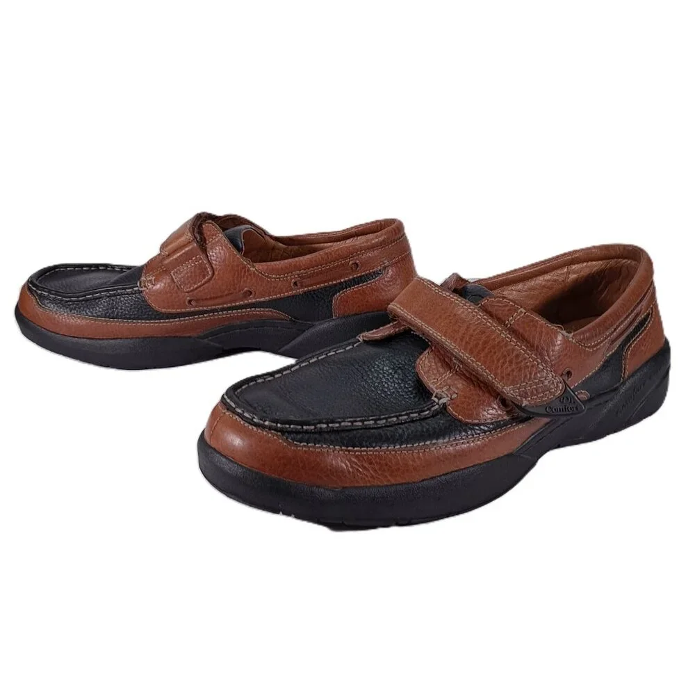 Dr Comfort Mike Boat Shoes Men 14 M Leather Brown Black Hook and Loop 8660